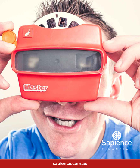 man looking through retro Viewfinder slide viewer