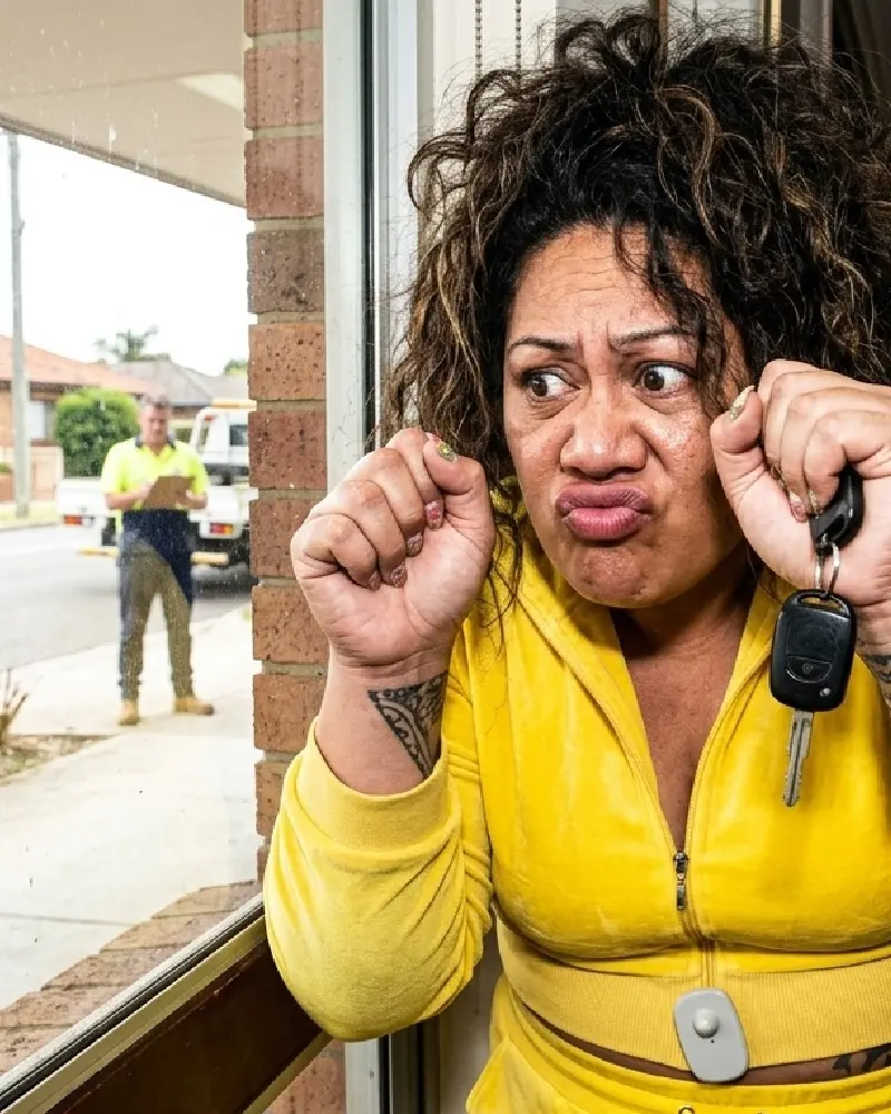 Looking out the window as the repo guy looks at the car
