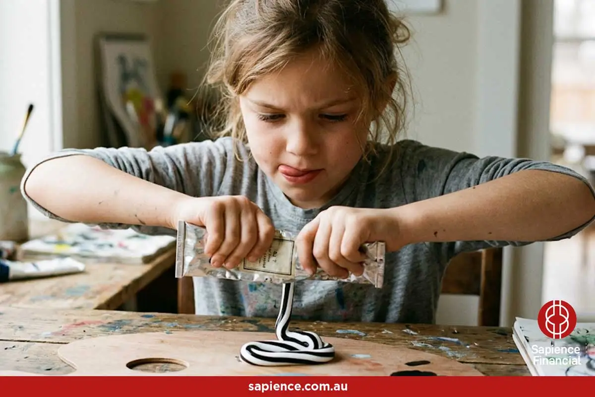 Creative little girl squeezing paid from a tube that is both black and white