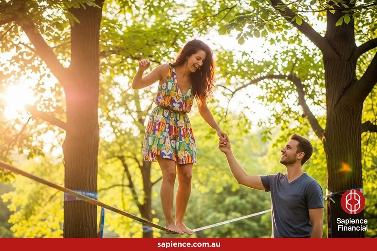 a happy young lady in a dress playing on a tightrope in the part supported by her partner